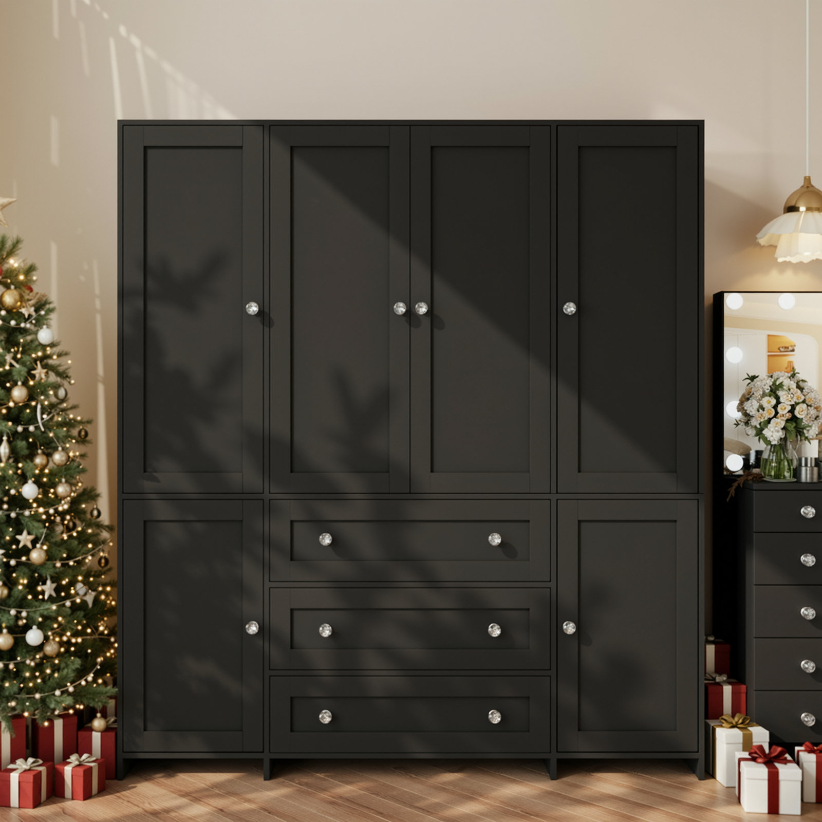 Ebern Designs 6-Door Armoire With Mirror, Wardrobe Closet With 3